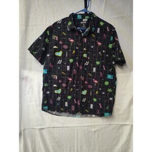 Vintage 80-90's Men's L Massive Black Retro Print Cotton Short Sleeve Button